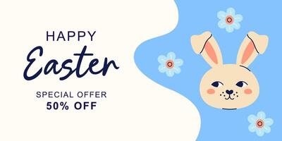 Happy Easter horizontal banner with hare on beige and blue background. Design with text for discount. Happy Easter hand drawn card. Flat illustration with partial outline. illustration. vector