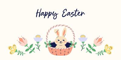 Happy Easter horizontal banner with hare in basket and flowers along the bottom edge on beige background. Design with text. Happy Easter hand drawn card. Flat illustration with partial outline. illustration. vector