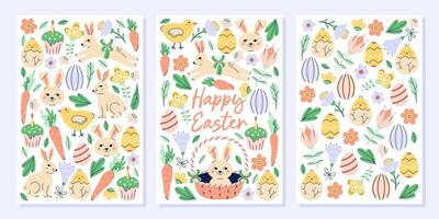 Happy Easter 3 vertical posters collection with bunny and different elements. Greeting hand drawn card on white background. Flat illustration with partial outline. Isolated illustration. vector