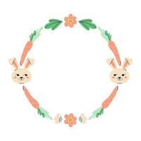 Happy Easter Round frame with hares, carrot and flowers. Happy Easter hand drawn card on white background. Empty space for inscription in the center. Flat illustration with partial outline. Isolated illustration. vector