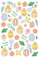 Happy Easter vertical poster with painted eggs and flowers. Greeting hand drawn card on white background. Flat illustration with partial outline. Isolated illustration. vector