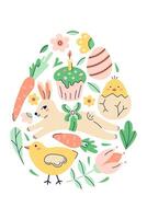Happy Easter Egg Shape Pattern With Bunny, chicken And Flowers. Greeting hand drawn card on white background. Flat illustration with partial outline. illustration. vector