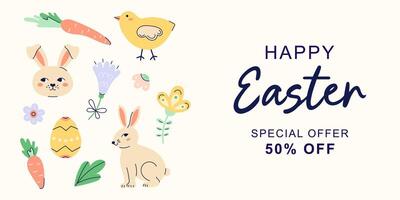 Happy Easter horizontal bannerwith hares, a chicken and flowers on the left edge on beige background. Design with text for discount. Happy Easter hand drawn card. Flat illustration with partial outline. illustration. vector