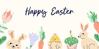 Happy Easter horizontal banner with hares, a chicken and flowers on the bottom edge on beige background. Design with text. Happy Easter hand drawn card. Flat illustration with partial outline. illustration. vector