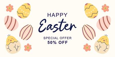 Happy Easter horizontal banner with Easter Eggs on beige background. Design with text for discount. Happy Easter hand drawn card. Flat illustration with partial outline. illustration. vector