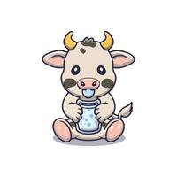 baby cow holding milk cartoon icon illustration vector