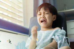 Angry little boys with sad expressions, screaming and crying because he is sick photo