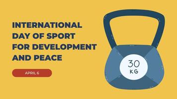 Horizontal minimalistic banner for International Day of Sport for Development and Peace with kettlebell with heavy weight. Simple holiday poster for website background, social media design. vector