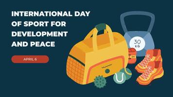 Horizontal minimalistic banner for International Day of Sport for Development and Peace with gym bag, heavy kettlebell, jumping shoe. Simple holiday poster for website background, social media design. vector