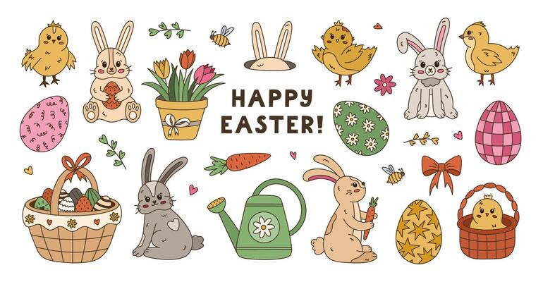 Lovely colorful Happy Easter doodle set with different fluffy bunny, cute baby chick, ornate eggs with lines, check, swirl, stars, tulips. Religious springtime carnival collection isolated on white.