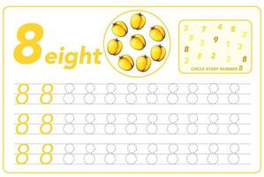 Learning numbers. Kids Learning Material. Learning numbers, tracing number practice worksheet for kids learning. Play cards for kids learning maths. Mathematics cards for children with fruits vector