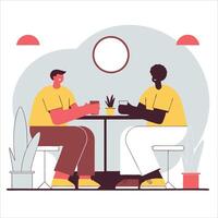 Two friends enjoying a casual conversation over drinks at a cozy cafe, surrounded by plants and warm lighting, creating a relaxed atmosphere. illustration vector