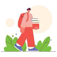 Student with backpack and books walking through greenery, symbolizing education and learning journey. illustration vector