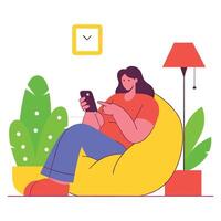 Woman relaxing in a bean bag, using a smartphone in a cozy room with plants and a lamp, embodying comfort and leisure. illustration vector