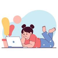 Cute girl with pigtails lying on her stomach, happily using a laptop with colorful abstract shapes in the background. illustration vector