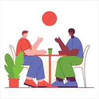 Two friends enjoying a casual conversation at a small table, with a vibrant red sun and lush green plant adding a touch of warmth to the scene. illustration vector