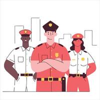 Diverse police officers standing confidently in uniform against a cityscape background, symbolizing unity and strength in law enforcement. illustration vector