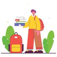 Student with a backpack and books, ready for school, surrounded by green plants, symbolizing education and learning. illustration vector