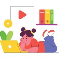 Cute girl lying down, using a yellow laptop with a playful expression, surrounded by books and a plant, symbolizing learning and fun. illustration vector