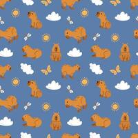 Seamless pattern with cute capybaras with clouds, sun, dragonfly and butterflies vector