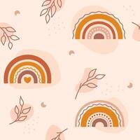 Boho baby seamless pattern with leaves rainbows drops simple forms and crescent. vector