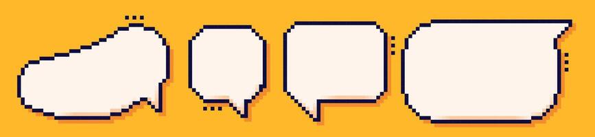 Four pixel dialogue boxes. Speech bubbles drawn in 8 bit Y2k style on yellow background. vector