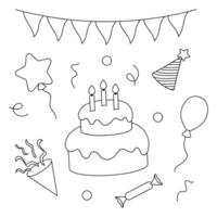 A set of editable black and white icons for a birthday or holiday. vector