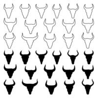 Cow or bull head black silhouette and line art icons isolated on a white background. vector