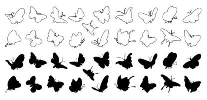 Set of butterfly silhouette and line art icons illustrations on a white background. vector