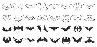 Bats silhouettes and line art icon collection on a white background vector