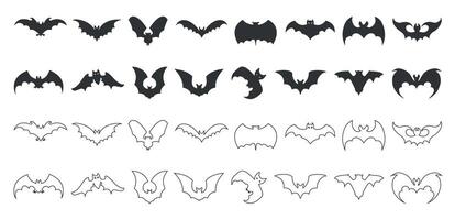 Bats silhouettes and line art icon set collection on a white background vector