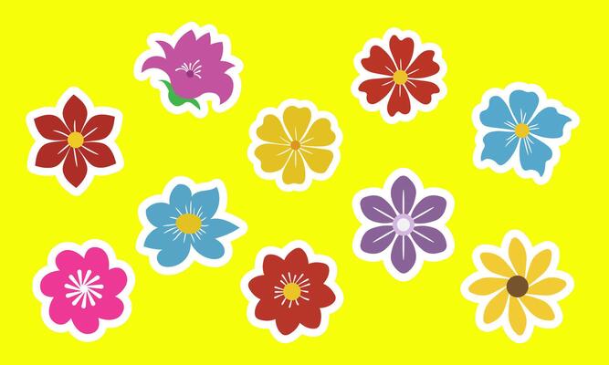A Set Colorful Flower Stickers on Bright Yellow Background Springtime Celebration