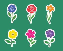 A Set Colorful Flower Stickers Set with Various Types on Green Background vector
