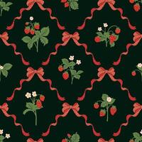 Red wild strawberry coquette ribbon bow trellis checkered seamless pattern Damask Rhombus Background vector