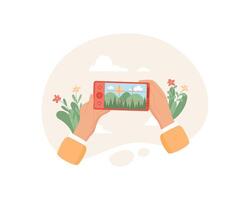 A hand holds a smartphone showing a camera app. The user interacts with the phone to take selfie or photo. This digital technology highlights engagement in social media context, flat style, suitable vector