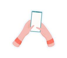 Sticker of hand holding phone. Graphic of device with screen and touch. Mobile application concept, simple style, ideal for social media marketing and digital communication. vector
