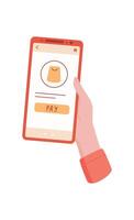 A hand holds a phone in a flat style. The user interacts with mobile app for payment. The device displays an order screen for product in an online store, illustrating commerce and potential usage. vector