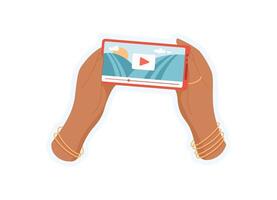 User hold a phone. User holding a mobile device. play on screen, cool sticker, digital application, potential for online media marketing. vector