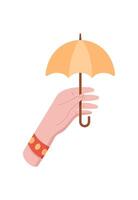Hand holding an umbrella icon. Gesture of giving and receiving with a flat style. This graphic illustrates a human element, perfect for concepts related to protection or safety. vector
