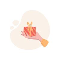 Hand holding gift box. A character holds a present in a flat style. Exchange of items symbolizes joy, isolated concept, potential usage for charity or celebration banners. vector