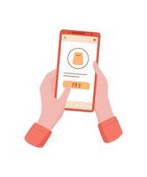 Hands hold a phone with a payment app. A mobile device displays an online shopping application. This image shows customer using touchscreen to buy products, flat style, e concept. vector