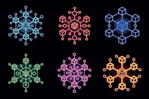 Futuristic Hexagonal Cyber Tech Design. Unique neon snowflakes in the style of technological minimalism. Ideal for futuristic designs, winter projects, and high-tech decoration. vector
