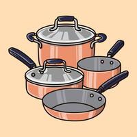 Cookware set with different types of pots and pans for cooking in the kitchen vector