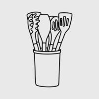 Cooking Utensil Set in a Holder. Thin Line Illustration. vector