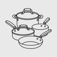 Cookware set with different types of pots and pans. Thin line illustration. vector