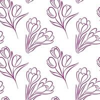 Seamless floral pattern with line art tulip and crocus. Perfect for textile, wallpaper, wrapping paper and botanical themed design on a white background. vector