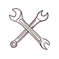 Crossed wrenches repair maintenance engineer and mechanical work in line art style. Isolated on a white background. vector