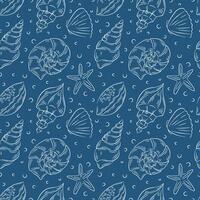 Seamless pattern with hand drawn seashells starfish and ocean element on a blue background. Perfect line art design for textile, wallpaper, wrapping paper and summer beach theme. vector