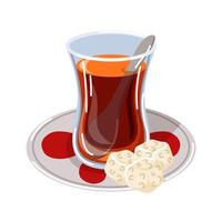 Traditional Turkish tea in a tulip glass with a spoon and sugar cubes on a decorative plate in cartoon style. Perfect for themes related to breakfast, culture, hospitality and beverage. vector