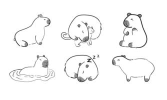 Set of cute capybaras in outline doodle style. Isolated on white background. resting relaxing animals. illustration. vector